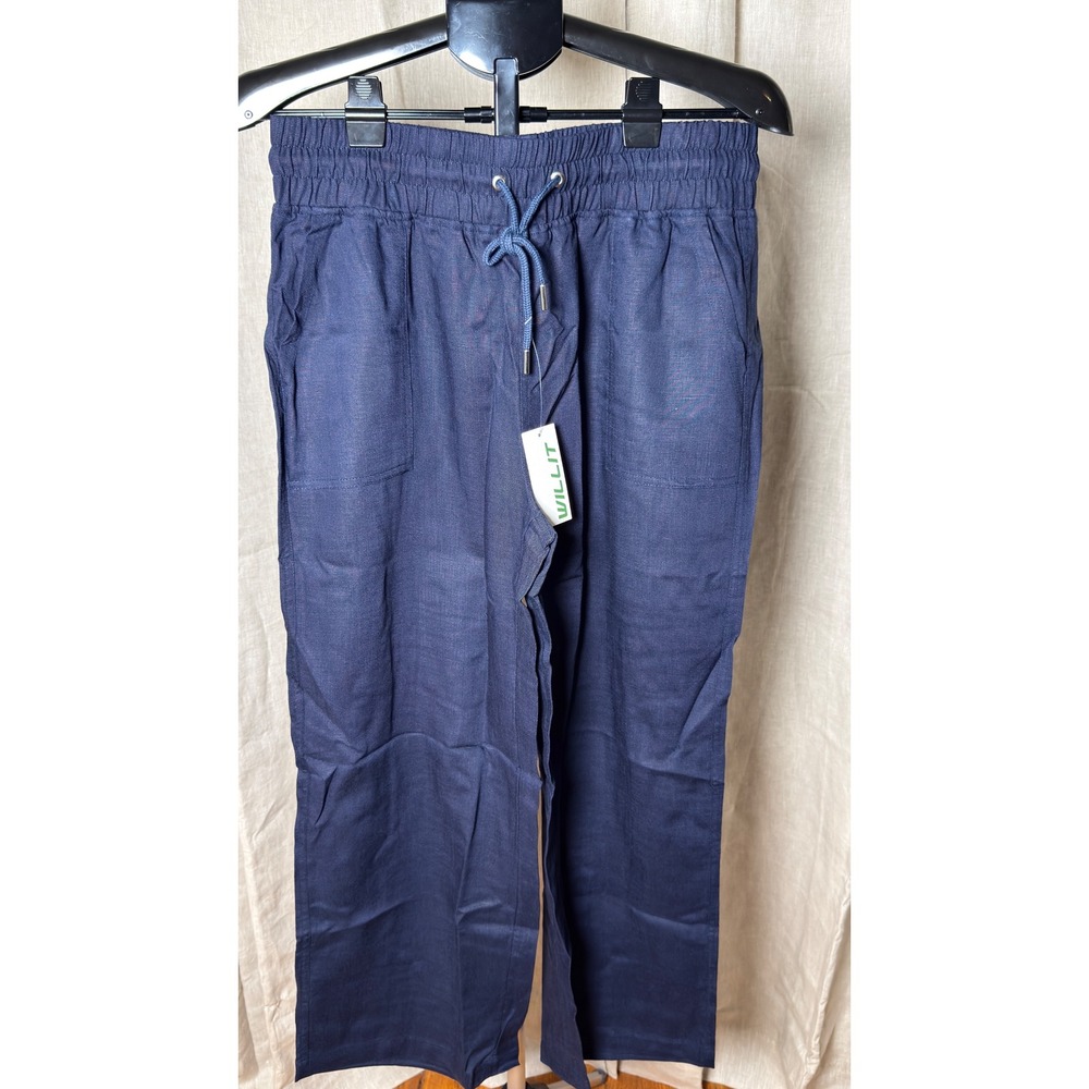 WILLIT Women's Large Navy Linen Lyocell Pull On Pants 27" Inseam NWT